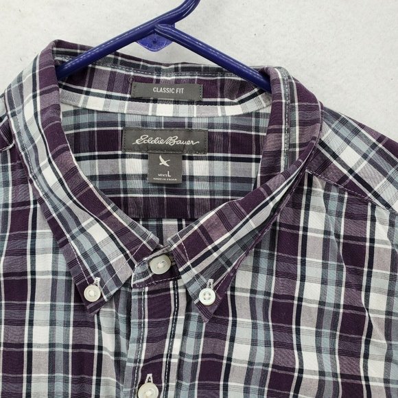 EDDIE BAUER Shirt Men's L/S Casual Button Up Collared Plaid Purple Gray Large - Picture 7 of 12